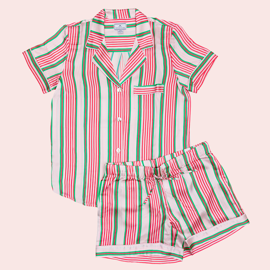 Petite Plume X Colony Women's Silk Short Set in Pink Stripe