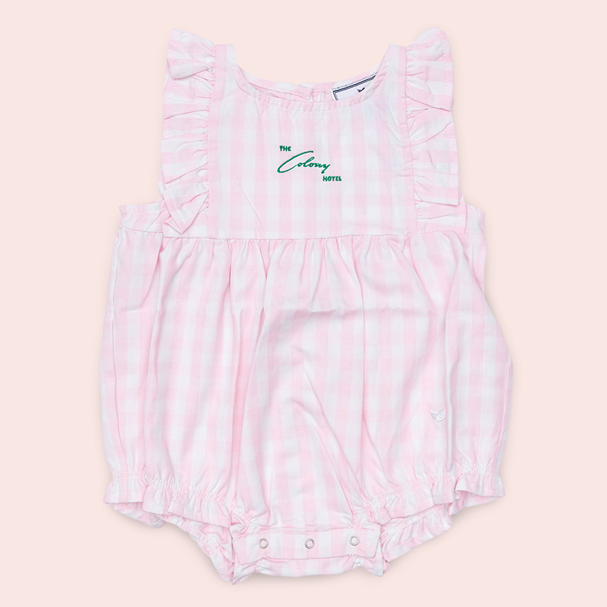 Colony X Petite Plume Ruffled Twill Romper in Pink Gingham