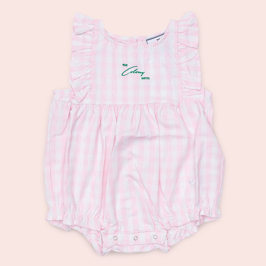 Colony X Petite Plume Ruffled Twill Romper in Pink Gingham