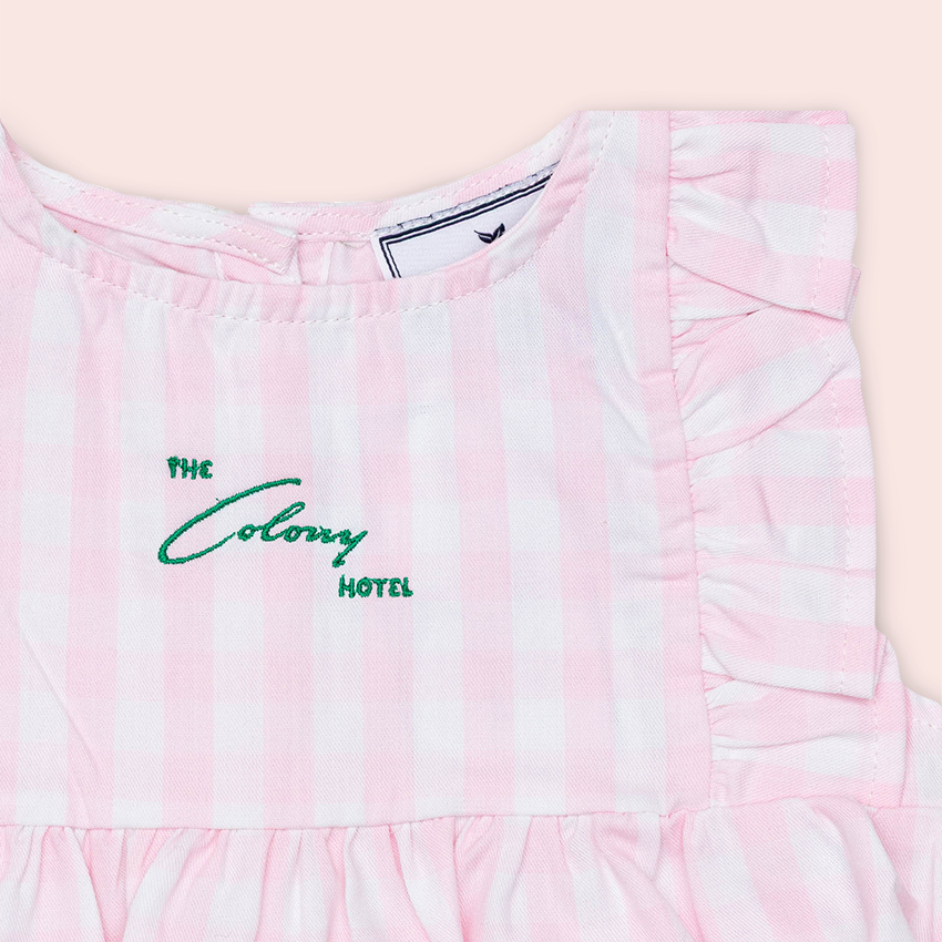 Colony X Petite Plume Ruffled Twill Romper in Pink Gingham