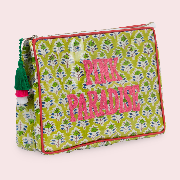 Block Print Large Vinyl Pouch- Pink Paradise